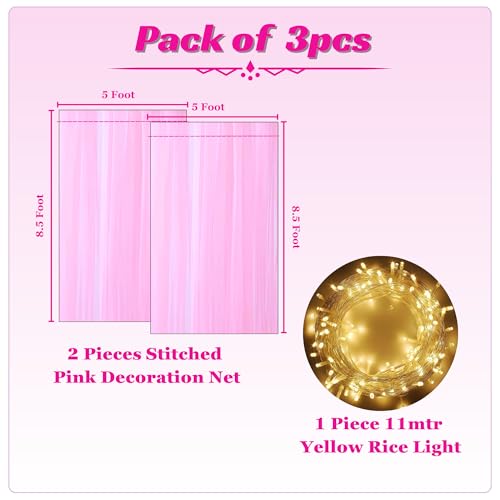 Image of 1iAM 3pcs Pink Decoration Net Light Combo - 2pcs Large, Stitched with Ribbon, Nylon Made, Reusable, Soft, Wrinkled Free, 8.5x5ft Each, Backdrop Decor Net & 1pc 11m Rice Light for Any Party or Event