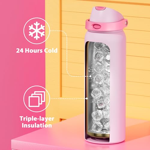 Image of 40 oz Insulated Water Bottle for Sports: Meoky Stainless Steel Water Bottle with 2-in-1 Straw and Spout Lid - Leak Proof, Cold for 24 Hours, Protective Silicone Base, BPA-Free for Women Gym, Blush