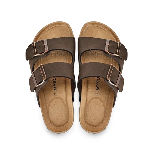Image of mysoft Womens Flat Sandals Cork Footbed Slides with 2 Straps | Adjustable Buckle Slip On Comfortable Casual Light Weight Summer sandals