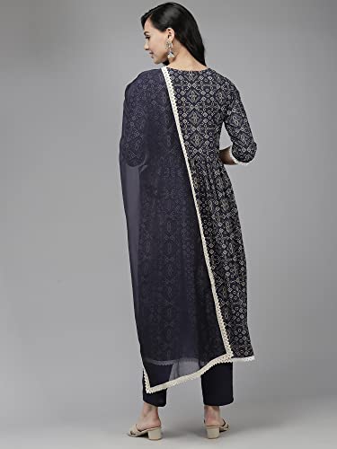 Image of INDO ERA Women's Cotton Blend Bandhni Flared Kurta Palazzo With Dupatta Set (KH0NB4085)