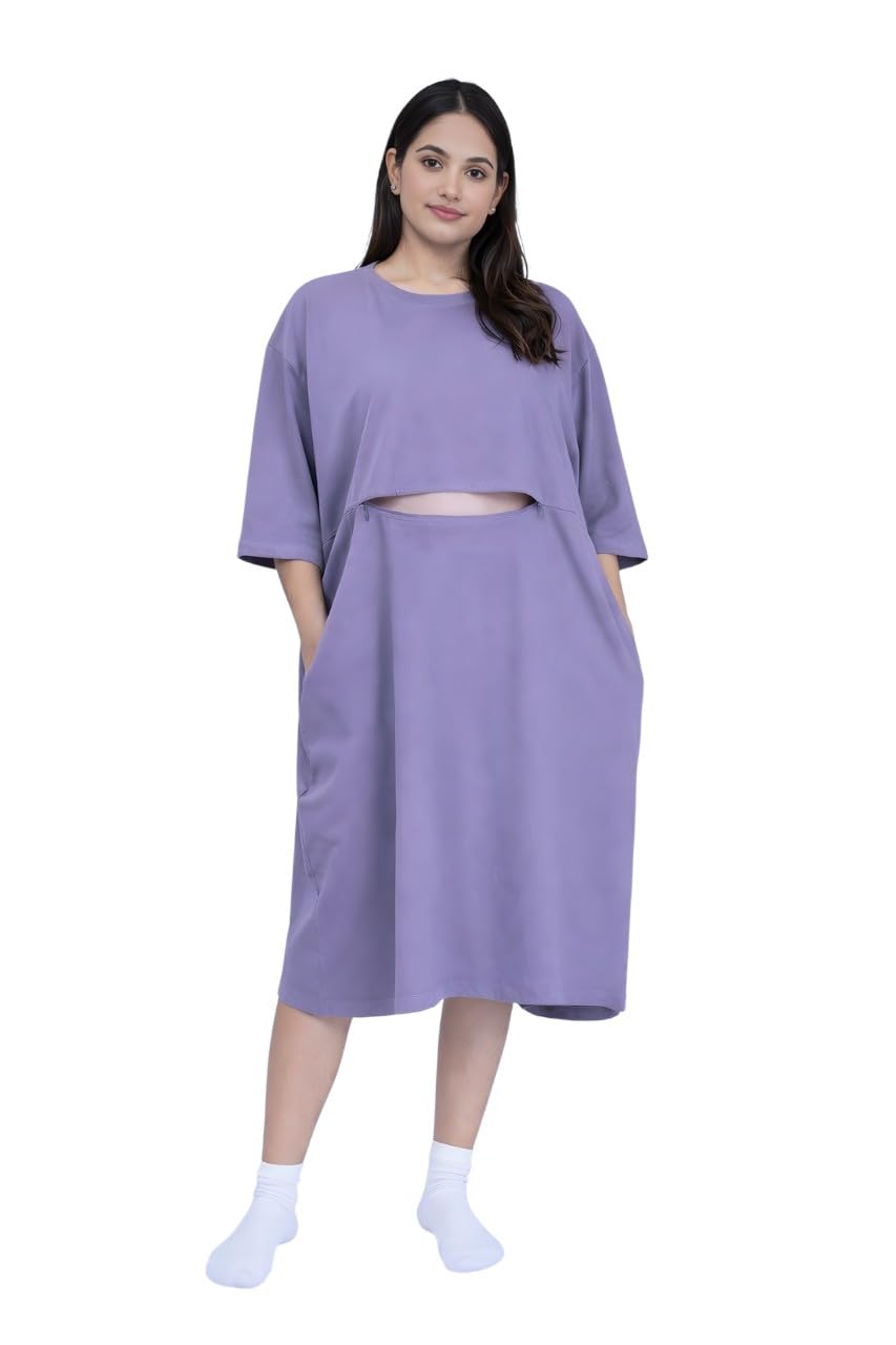 Pure Cotton Oversized Maternity Feeding T-Shirt - Loose Fit Tee with Nursing Zip and Pockets for Expecting & New Mothers