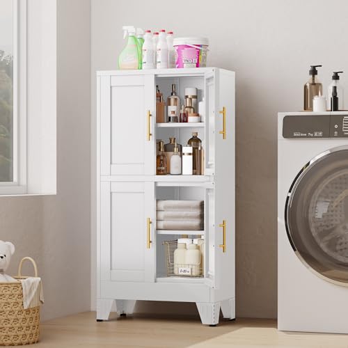 Image of 47 inch White Metal Bathroom Storage Cabinet, Kitchen Pantry Cabinet | Steel Storage Cabinet with Doors and 3 Adjustable Shelves, Bathroom cabinets Organizer, for Home Office, Bedroom