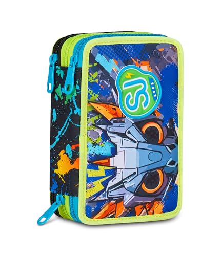 SJ GANG STYLE JAM GANG Astuccio Scuola 3 Zip Led Look, Blu, Portapenne Triplo Scomparto Completo Di Penne, Matite, Colori, Accessori Zaino, Scuola Elementare, Bambino