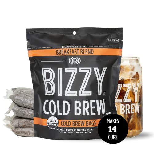 Bizzy Organic Cold Brew Coffee | Breakfast Blend | Coarse Ground Coffee | Micro Sifted | Specialty Grade | 100% Arabica | Brew Bags | 4 Count | Makes 14 Cups #TOP4