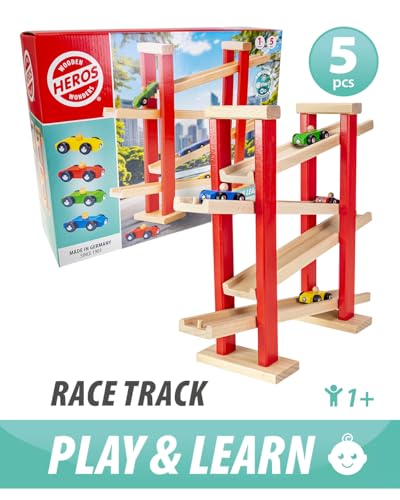 Pista de coches de madera HEROS con 4 mini coches para niños desde 1 año 6