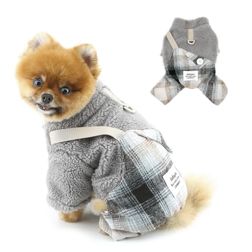 PAIDEFUL 犬服 小型犬 フリース ジャンプスーツ 防寒着 冬用 厚手 暖かいコート 防風 おしゃれ チェック柄 サロペット つなぎ ドッグウェア 子犬 ネコ服 Dリング付き チワワ ヨーキー ペット服人気 洋服 散歩,ブルー,S