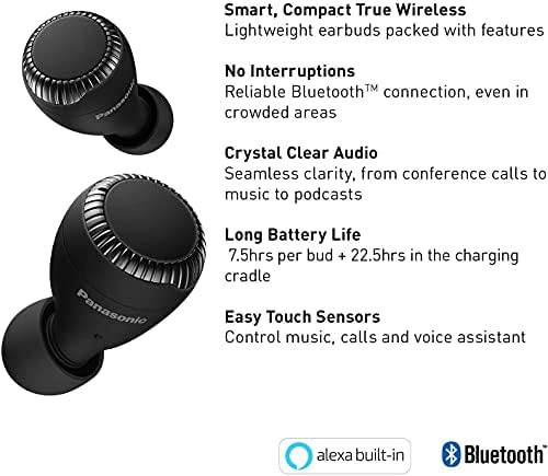 Panasonic RZ-S300WE-K True Wireless Headphones with Alexa Built in and IPX4 Water Resistance - Black