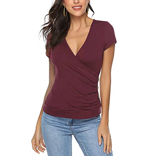 T-shirt femme col en V manches courtes tee shirt coton lâche et ample
