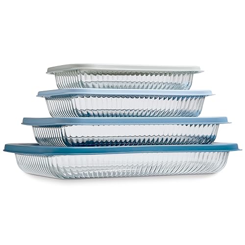 COOK WITH COLOR 8-Piece Deep Glass Baking Dish Set with Plastic Lids – Casserole and Food Storage Containers for Lasagna, Leftovers – Freezer-to-Oven, Microwave & Dishwasher Safe, Fluted Blue