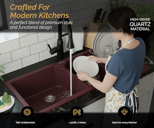 Image of ARQUIN Double Bowl Quartz With Drainboard Kitchen Sink 45x20x9 Inch Brown | Undermount,Topmount | Including Coupling,Sink Connector,Waste Pipe & Fruit Washing Basket
