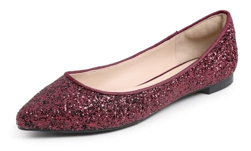 FEVERSOLE Women's Fashion Pointed Toe Classic Dressy Shiny Comfort Cushioned Flats