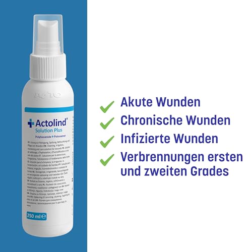 Actolind Solution Plus 250 ml – antiseptische Wundspüllösung | mit Sprühkopf | schmerzfreie Reinigung & Befeuchtung | Medizinprodukt CE III | PZN 17586895