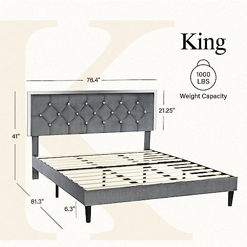 Hombck King Size Bed Frame, Velvet Upholstered Bed Frame With Modern Diamond Headboard, Mattress Foundation With Strong Wooden Slats, No Box Spring Needed, Easy Assembly, Grey #TOP1
