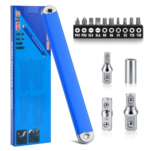 Schraubwerk Offset Schlüssel Verlängerungsschlüssel 39cm (15 4 Zoll) mit 3 Stück 1/2 1/4 Und 3/8 Vierkantantriebsadaptern 10 Schraubendreher Bits Ratschenverlängerung für KFZ Engstellen