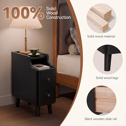 Image of Nightstand, Pre-Assembled, 19.7 inchH Solid Wood Narrow Night Stand with 2 Drawers, Open Sliding Shelf, Mid Century Modern Small Bedside Table for Bedroom, Black 8 inch
