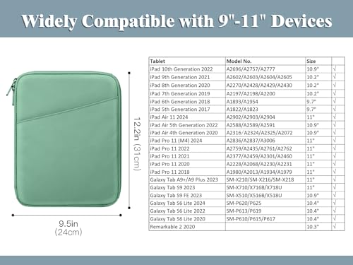 Image of TiMOVO 9-11 inch Tablet Sleeve for iPad 11-inch A16 2025, iPad 10th Gen. 10.9 inch, iPad 10.2 inch, iPad Air 11 Inch /5th /4th Gen. 10.9 inch, Galaxy Tab A9 Plus 11 inch, Protective Bag with Pocket,Dark Mint Green