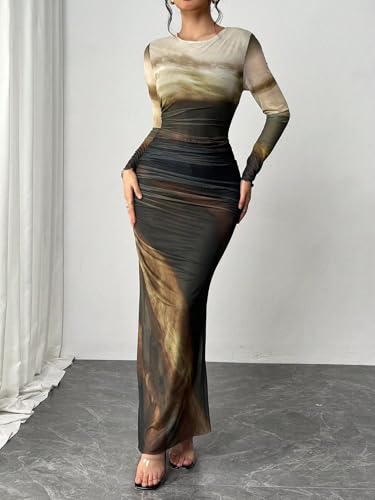 Image of LIGHT DOT Women's Printed Bodycon Maxi Dress Long Sleeve Tie Dye Mesh Ruched Cocktail Dress