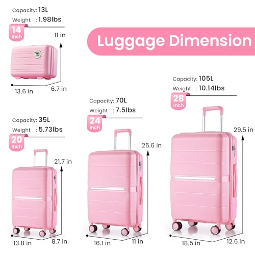 4-Piece Luggage Sets (14", 20", 24", 28"), Suitcase with Wheels, PP Lightweight Hardside Expandable Suitcase With Four Spinner Wheels and Scratch-Resistant Surface, Pink3