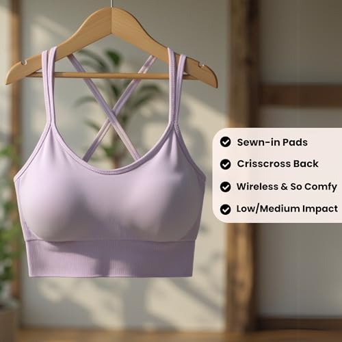 Image of Sports Bra with Sewn in Pads - Non Removable Padded Bralette, Strappy Wireless Bra with Built in Cups