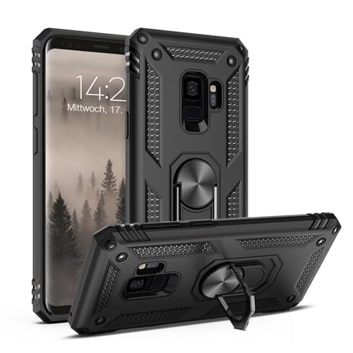 LBH Outdoor Hülle für Samsung Galaxy S9 Armor Militär Stoßfest Handyhülle 360 Grad Metal Ring Halter Ständer Schutzhülle für Handyhalterung Auto Magnet Schwarz