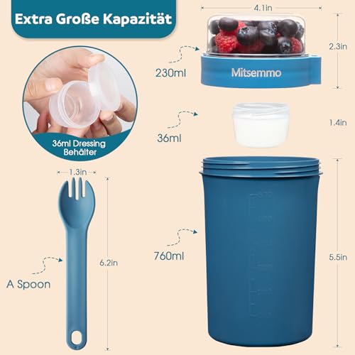 Mitsemmo Müslibecher to Go 760ml+230ml,Joghurtbecher to Go mit Löffel,Müsli Cup to Go Becher,Cornflakes to Go,Müslibecher Müslidose Müslischale Frühstücksdose Müslibox,Joghurt Box to Go Becher (Blau) 2