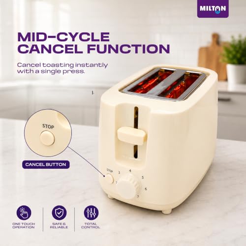 Image of Milton Bread Toaster 2 Slice Auto Pop Up | 7 Level Heating Modes 750 Watts| Auto Shut Off | Removable Crumb Tray | Matt White