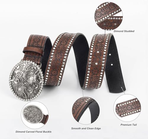 Womens-Rhinestone-Studded Western-Cowboy-Cowgirl-Belt Flower-Buckle Waist-Belt for Jeans Pants(28"-38")4