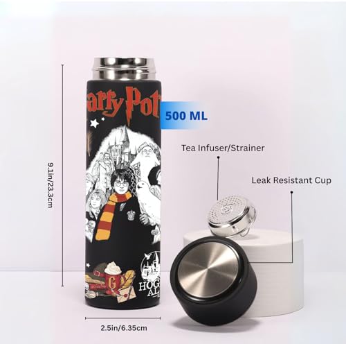 Image of Harry Potter Black Stainless Steel Bottle - 500ml Black Thermos Flask with Hogwarts Design | Hot & Cold Insulated Bottle for School, Office & Gift Use