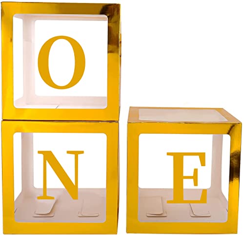 Image of Sooyee Gold First Birthday Decorations for Girl or Boy,3 Pcs ONE Balloon Boxes for 1st Birthday Girl Decoration,Baby Cube Blocks Party Decor with ONE Letters for Photoshoot Props, Cake Smash Backdrop