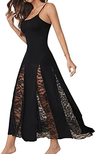 SweatyRocks Women's Contrast Lace Nightgown Spaghetti Strap Lace Insert Cami Sleepdress Nightwear Black M