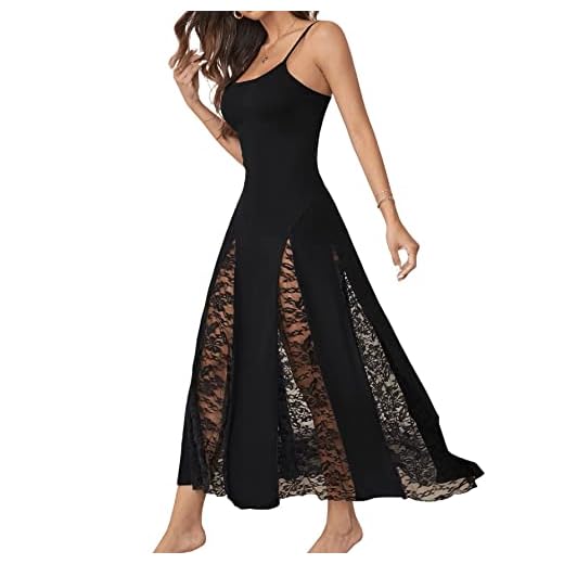 SweatyRocks Women's Contrast Lace Nightgown Spaghetti Strap Lace Insert Cami Sleepdress Nightwear Black M