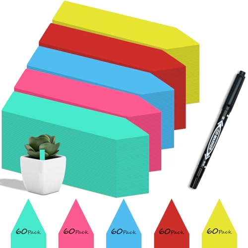 Lot de 300 étiquettes pour plantes avec marqueur - Rose, jaune, vert, bleu, rouge - 60 pièces chacune - En plastique de qualité supérieure - Pour étiqueter les plantes - Résistant aux intempéries -