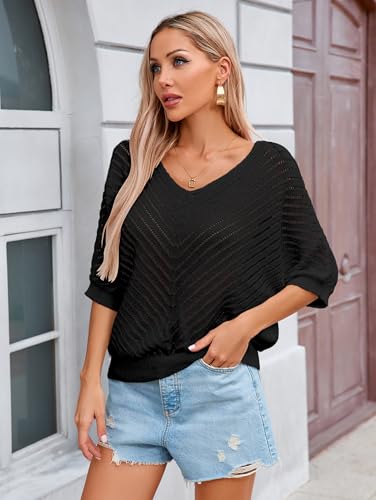 Image of Libsorge Womens Sexy V Neck 3 /4 Sleeve Sweater Spring 2025 Trendy Dressy Casual Outfits Lightweight Crochet Knit Pullover Top