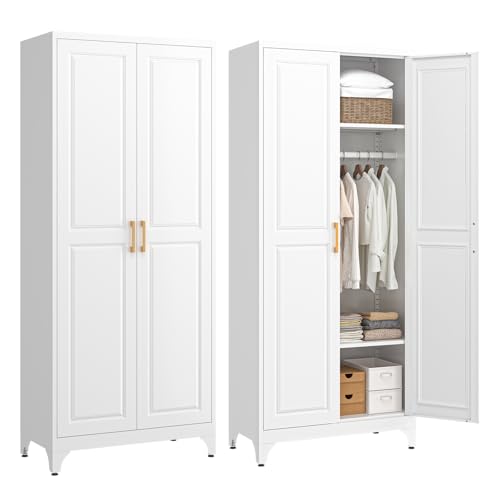 Metal Wardrobe Cabinet with Hanging Rod, 71" Tall Armoire Wardrobe Closet with 2 Doors and Adjustable Shelves, White Clothing Storage Cabinets for Bedroom, Laundry Room, Cloak Room White 71"