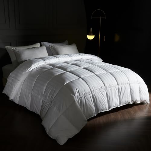 puredown® Goose Feather Comforter Full/Queen Size - All Season Duvet Insert, Ultra Soft Stripe 100% Cotton Shell Hotel Collection Comforters, 500 Thread Count with Ties (90x90'',Stripe White)