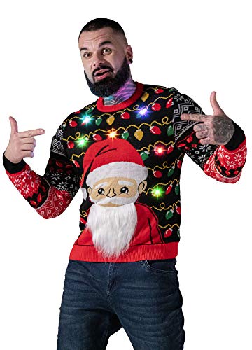 U LOOK UGLY TODAY - Maglione natalizio da uomo con luce LED, divertente maglione maglione maglione natalizio con lampada a LED per feste di Natale Santa Shine. XL