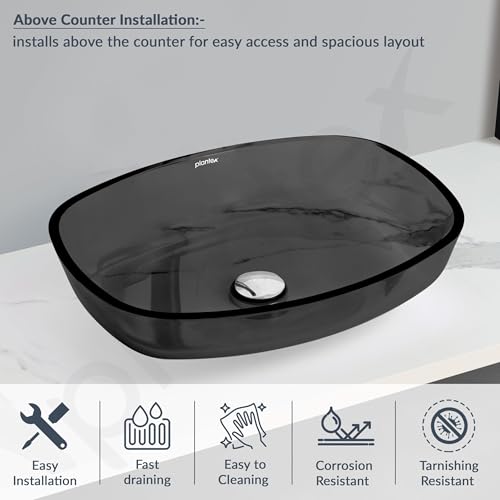 Image of Plantex Glass Basin For Bathroom /Tabletop Wash Basin /Luxury Countertop Sink For Home /Office /Hotel (21 X 16 X 4 Inch - Black)