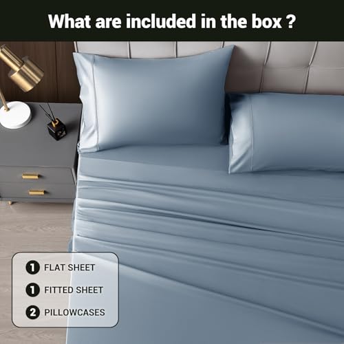 Image of Shilucheng 4 Piece King Sheet Sets, Cooling Sheets, Blend Rayon Derived from Bamboo, Deep Pocket Up to 16 inch, Breathable & Soft Bed Sheets, Hotel Silky Bedding Set, French Blue