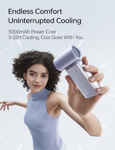 Image of JISULIFE Mini Handheld Fan Life9S - Sleek Chrome: Turbo Power, 22 Hours Cooling, LED Display, 5000mAh, 5-Speed, Small Portable Fan for Travel, Cruise, Concerts, Trendy Gifts for Women Men-Blue