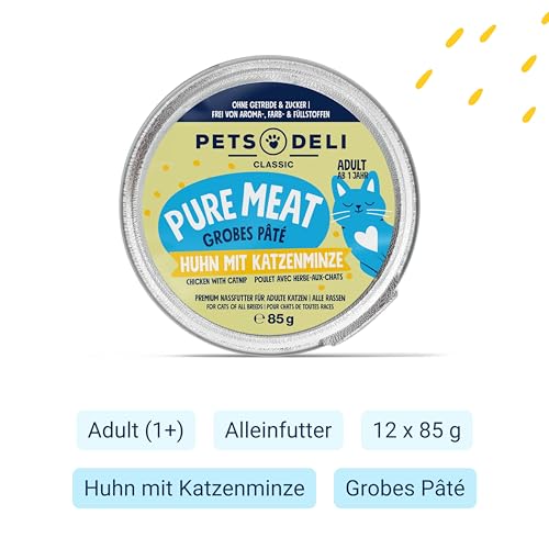 Pets Deli Pure Meat Nassfutter für Katzen mit Huhn & Katzenminze, 12x85g