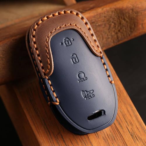 Image of Keyzone Dual Leather Key Cover for Hyundai Verna 2020 Onwards 4 Button smart Key (Blue-Brown)