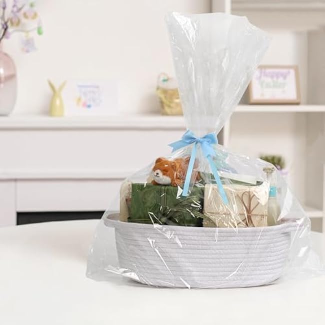White Small Woven Basket, 13¡± x 9¡± x 5¡± Baskets for Gifts Empty Cotton Rope, Cute Nursery Baby Storage Organizer, Wicker Cat Toy Bin Box with Handles, Empty Gift Basket for Mother's Day
