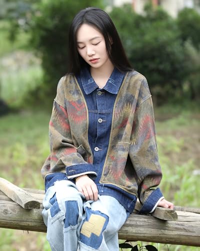 Vintage Women's Aztec Print Denim Jacket Loose Fit Long Sleeve Button Down Coat for Fall & Winter Casual Splicing3