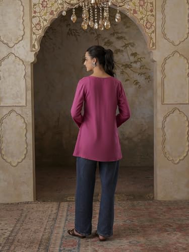 Image of QAZMI Women's Aari Embroidered Viscose Rayon A-Line Flared Short Kurti