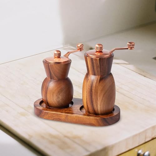 kowaku 2 Pieces Salt and Pepper Mill Set, Grinders Set, Retro Style Wooden Pepper Shaker Set, Sea Salt Grinder Refillable with Tray, Acacia Wood Mill and Crank Handle, Fresh Ground for Pepper Spices - Image 5