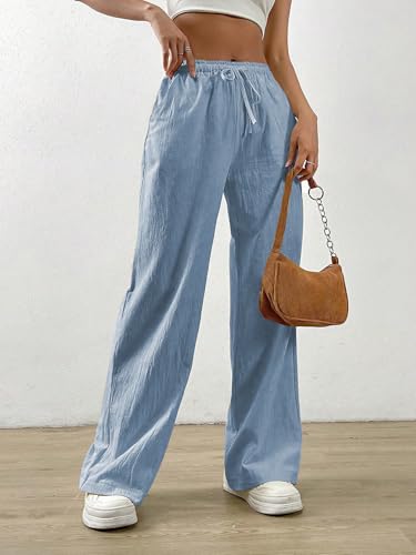 Image of TOPLOT Women's Linen Blend Wide Leg Palazzo Pants | Elastic Drawstring Waist Trousers for Woman | Relaxed Fit Casual Lounge Trousers | Breathable Straight Leg Everyday Bottom Wear (5268)