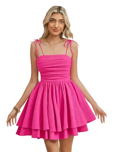 WDIRARA Women's Tie Shoulder Ruched Sleeveless Shirred Layered Ruffle Hem Cocktail Party Cami Dress Hot Pink X-Small