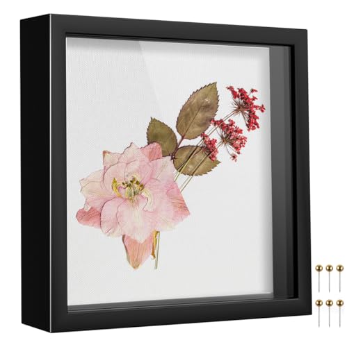 8x8 Shadow Box Frame with Linen Background & Metal Push Pins Plexiglass Front Memory Display Box Black