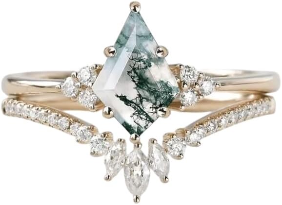 Vintage Kite Cut Green Moss Agate Ring Engagement Ring Anniversary Ring 925 Sterling Silver Marquise Cut Ring Unique Bridal Wedding Ring Set Gift Promise Ring