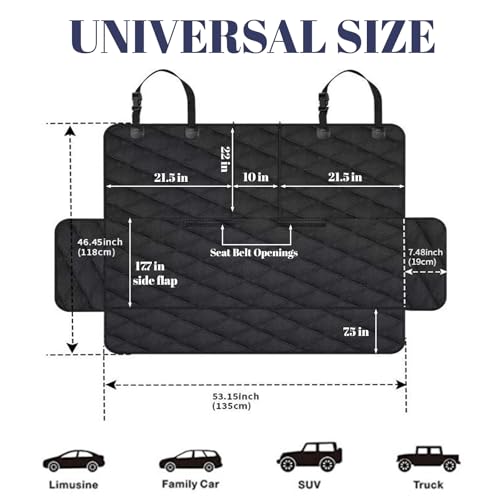 Hundedecke Auto Rückbank, Autoschondecke Hund Rücksitz mit 1 Elastischen Hundesitzgurt, 135x120cm, Kratzfest Wasserdicht, Universelle Passform Hund Rücksitzbank für Nahezu Alle LKWs PKWs SUVs JEEP
